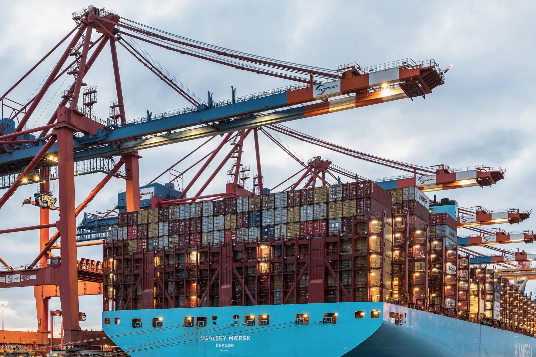 A container ship loaded at a commercial shipping terminal